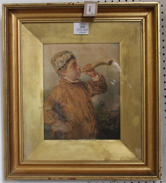 Attributed to William Henry Hunt (1790-1864), watercolour, Young shepherd boy blowing a horn